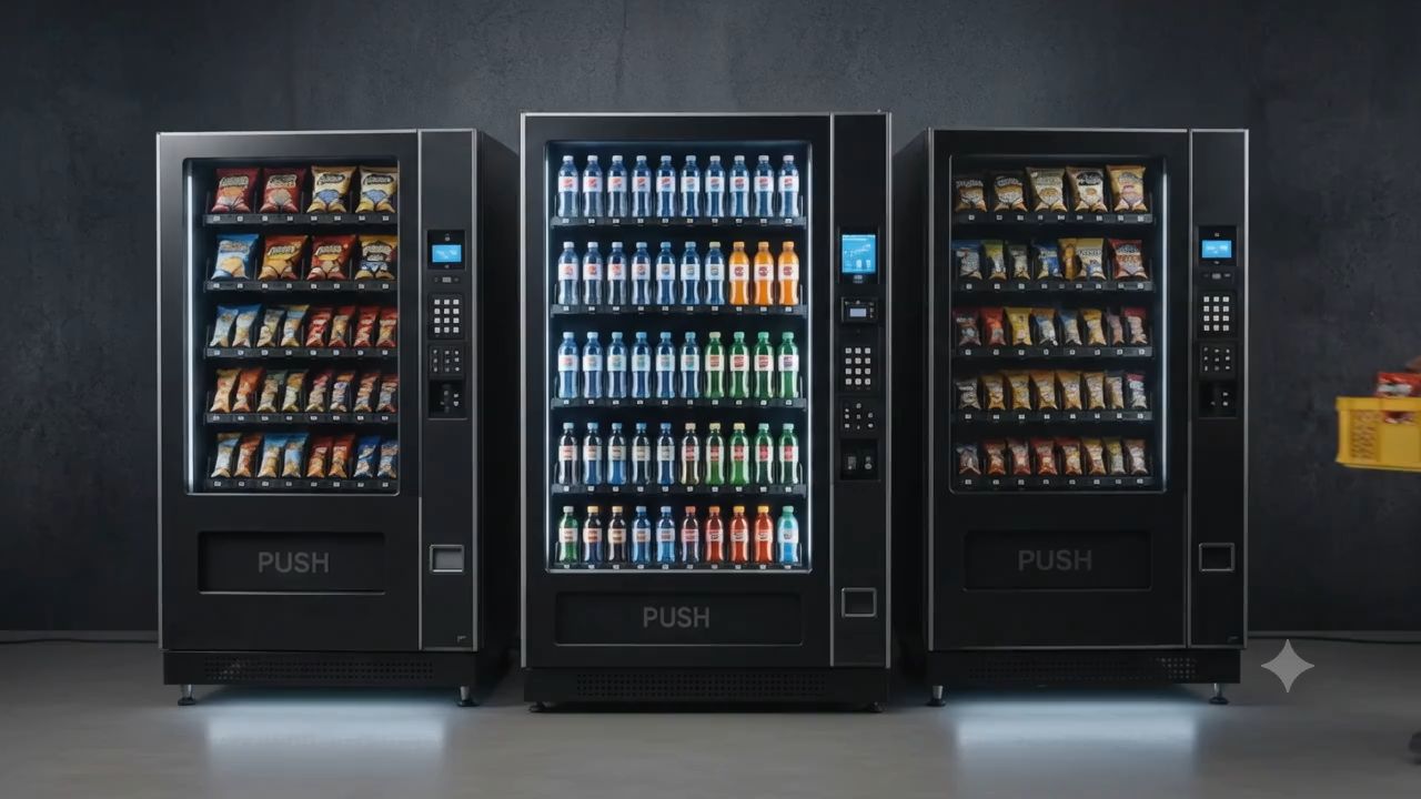 Modern Deso vending machine fully stocked with snacks and drinks