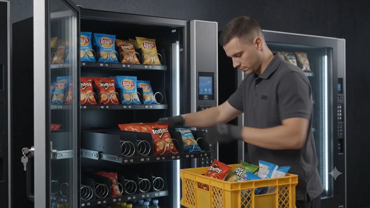 Interior view of a Deso vending machine with products on display